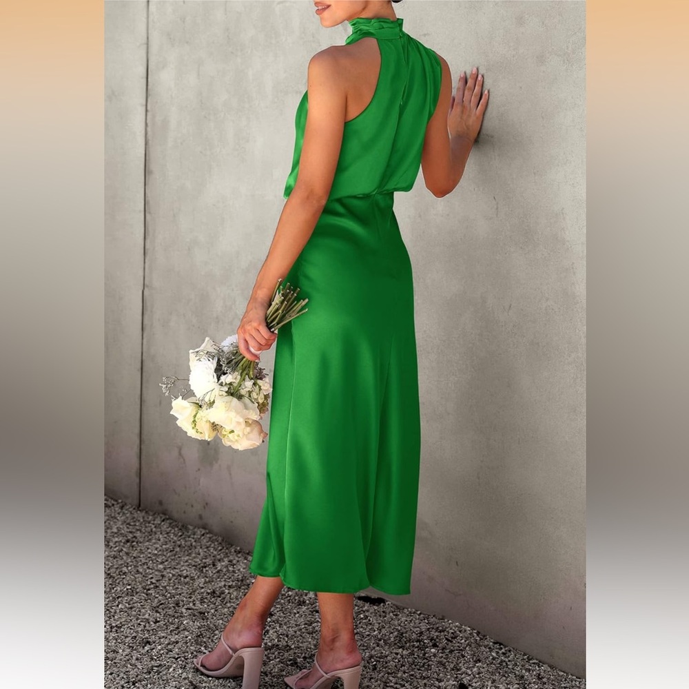 Satin Dress Elegant Sleeveless Mock Neck Cocktail Party Maxi Dresses - Picture 3 of 3